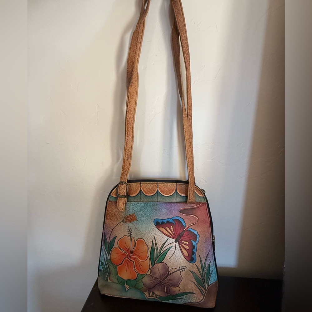 Anuschka Handpainted Leather Zip Around Satchel Bag Butterfly Floral Signed